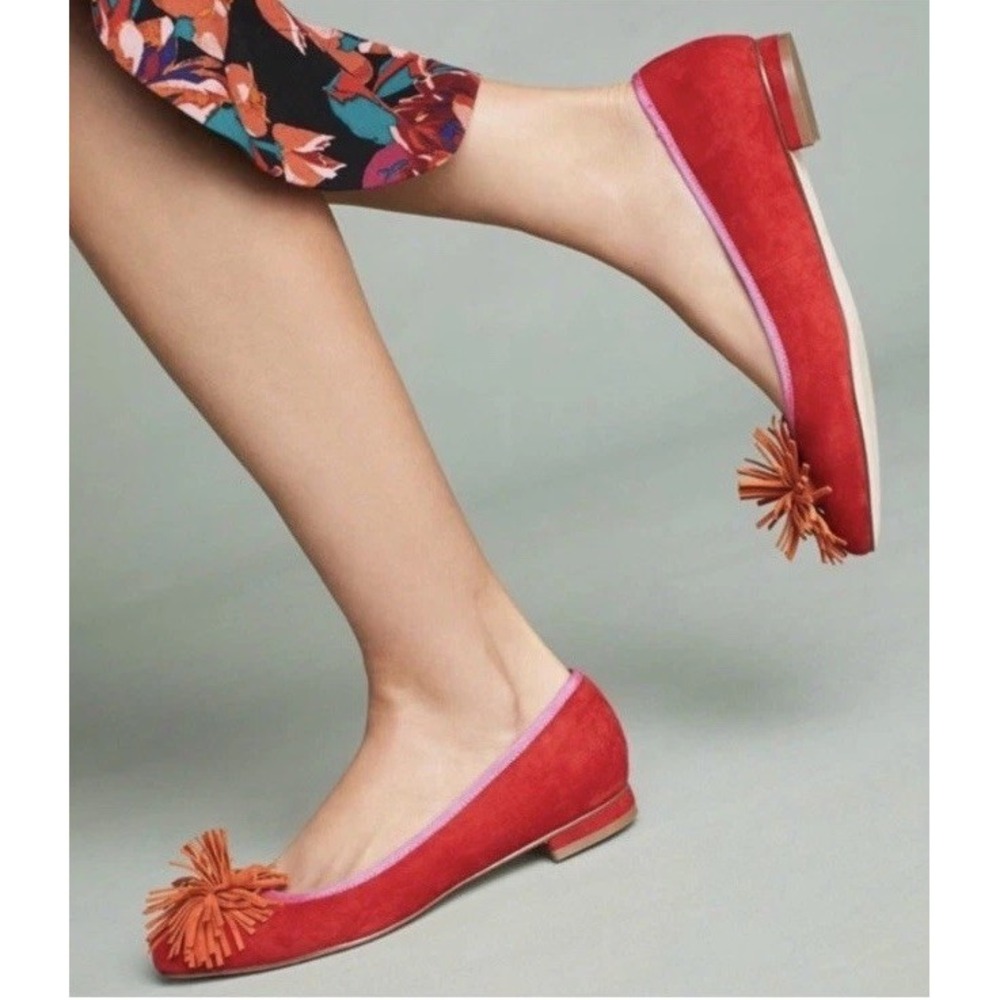 New Anthropologie Pink Red Orange Suede Tassel Flats SIZE 11 Statement Shoes
